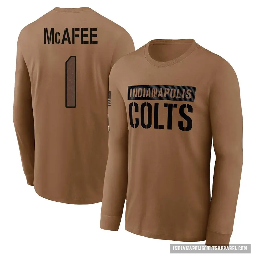 Men's ＃1 Pat McAfee Indianapolis Colts Brown 2023 Salute To Service Long Sleeve T-Shirt