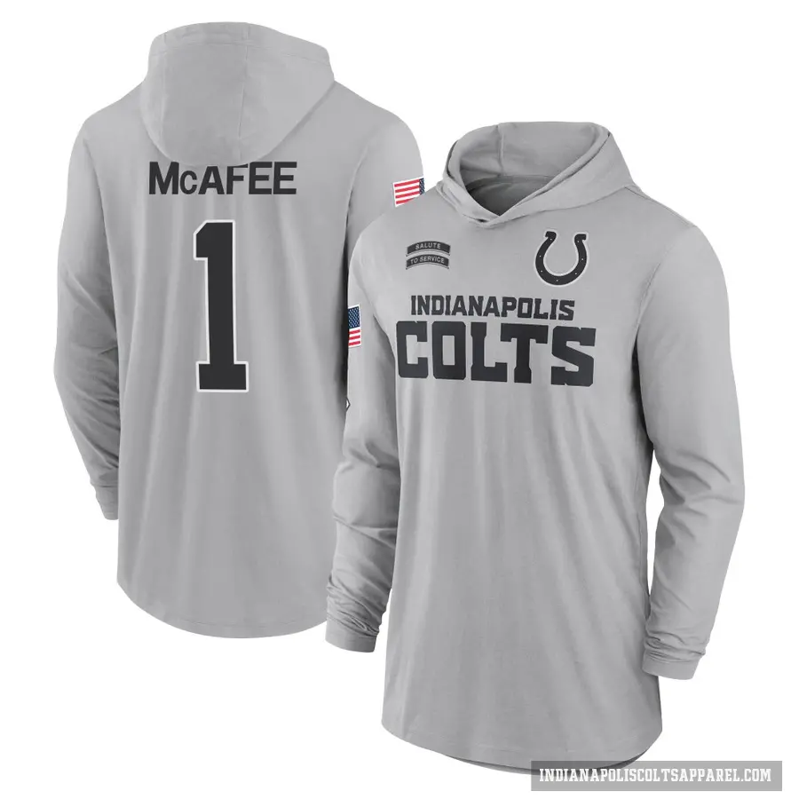 Men's ＃1 Pat McAfee Indianapolis Colts Gray 2024 Salute to Service Lightweight Performance Long Sleeve Hooded T-Shirt
