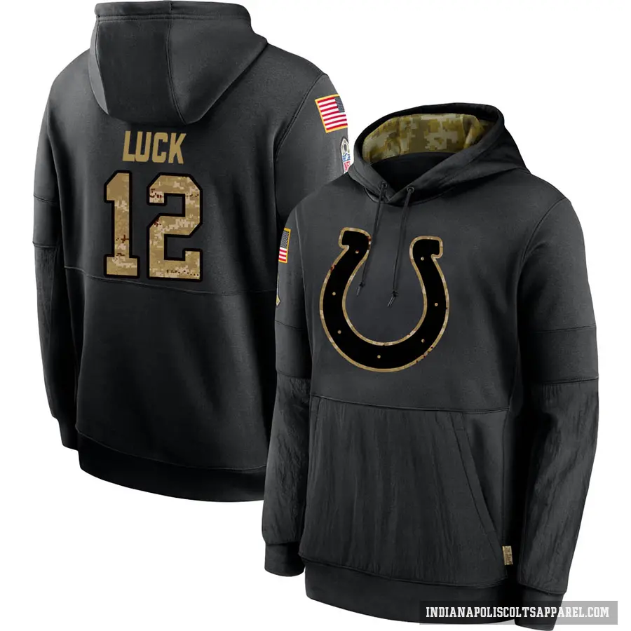 Men's ＃12 Andrew Luck Indianapolis Colts Black 2020 Salute to Service Sideline Performance Pullover Hoodie