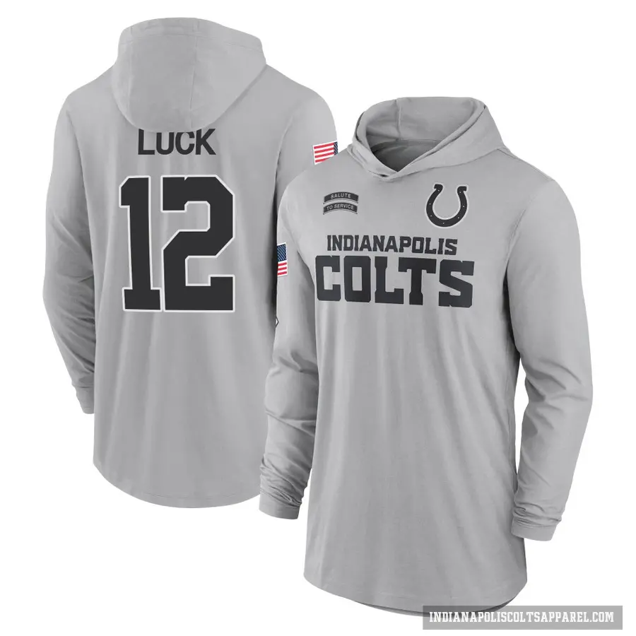 Men's ＃12 Andrew Luck Indianapolis Colts Gray 2024 Salute to Service Lightweight Performance Long Sleeve Hooded T-Shirt