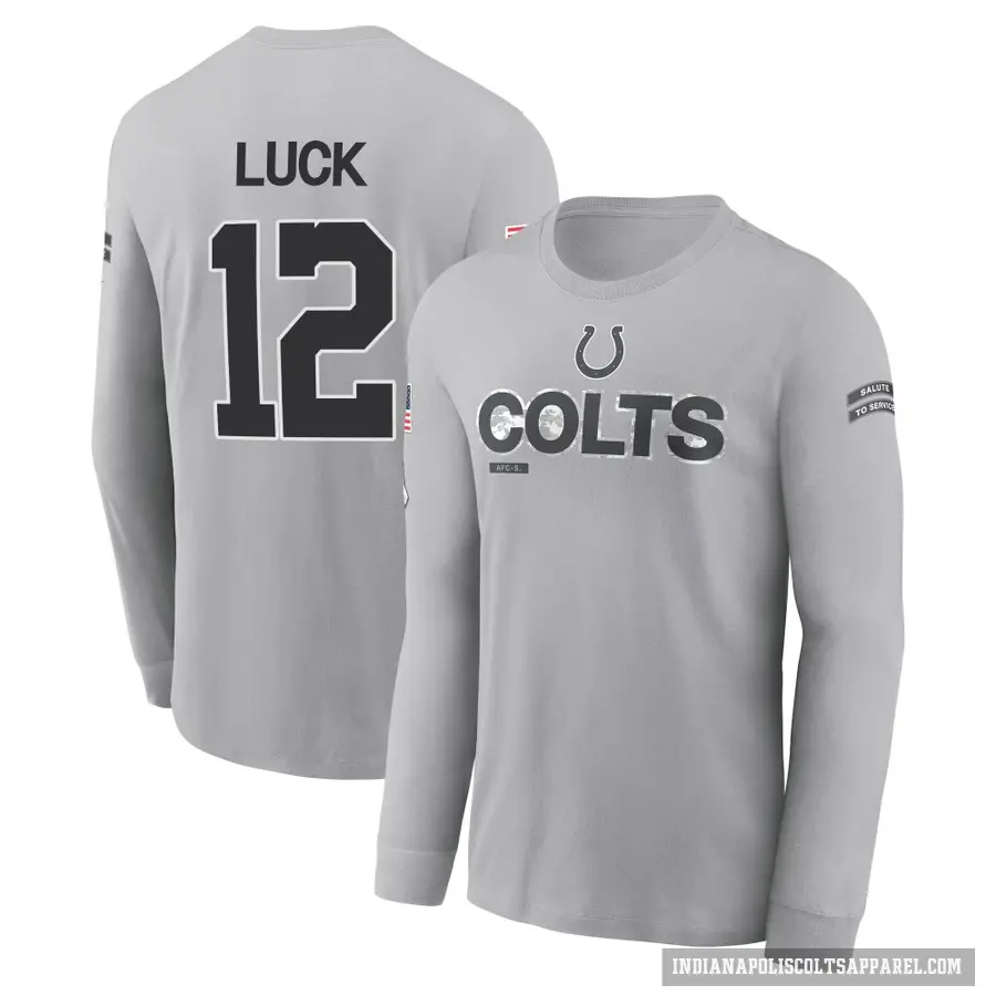 Men's ＃12 Andrew Luck Indianapolis Colts Gray 2024 Salute to Service Long Sleeve T-Shirt