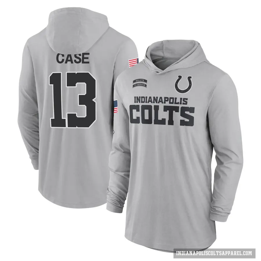 Men's ＃13 Kody Case Indianapolis Colts Gray 2024 Salute to Service Lightweight Performance Long Sleeve Hooded T-Shirt