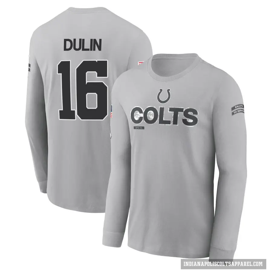 Men's ＃16 Ashton Dulin Indianapolis Colts Gray 2024 Salute to Service Long Sleeve T-Shirt
