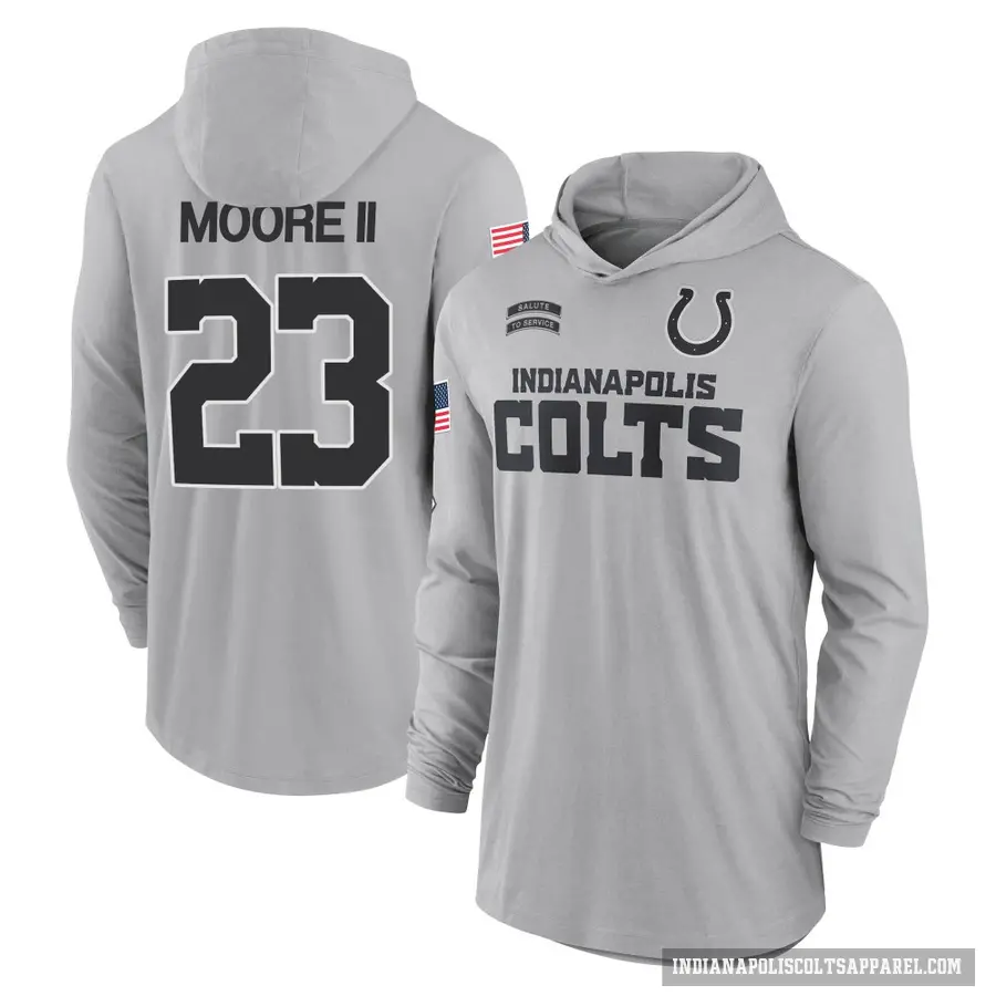 Men's ＃23 Kenny Moore II Indianapolis Colts Gray 2024 Salute to Service Lightweight Performance Long Sleeve Hooded T-Shirt