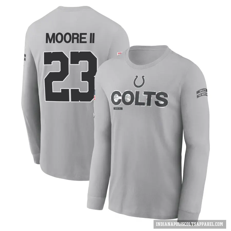 Men's ＃23 Kenny Moore II Indianapolis Colts Gray 2024 Salute to Service Long Sleeve T-Shirt