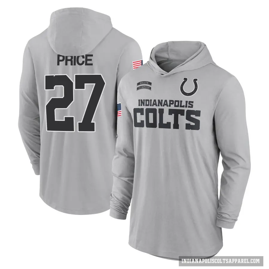 Men's ＃27 D'vonte Price Indianapolis Colts Gray 2024 Salute to Service Lightweight Performance Long Sleeve Hooded T-Shirt