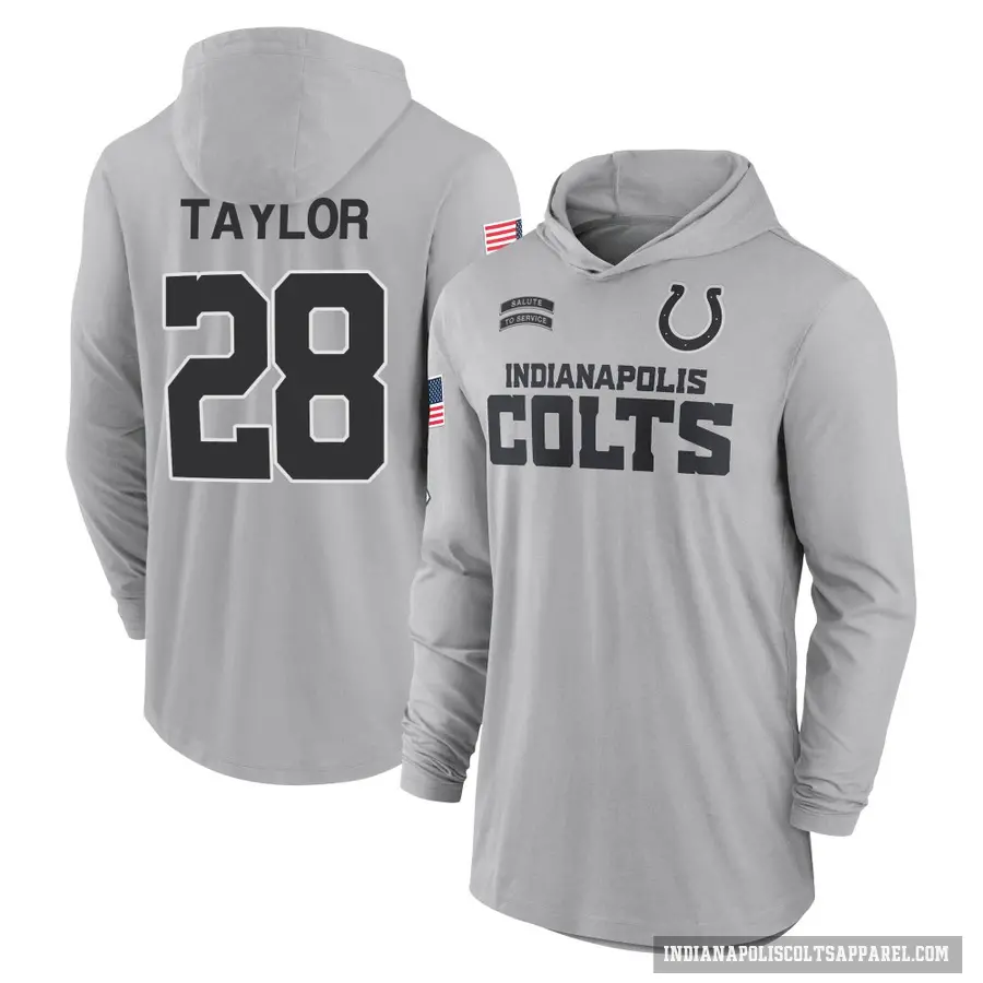 Men's ＃28 Jonathan Taylor Indianapolis Colts Gray 2024 Salute to Service Lightweight Performance Long Sleeve Hooded T-Shirt