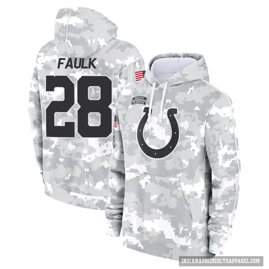 Men's ＃28 Marshall Faulk Indianapolis Colts Arctic Camo 2024 Salute to Service Club Fleece Pullover Hoodie