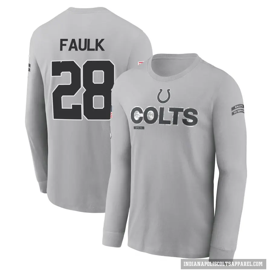 Men's ＃28 Marshall Faulk Indianapolis Colts Gray 2024 Salute to Service Long Sleeve T-Shirt