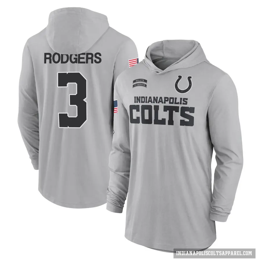 Men's ＃3 Amari Rodgers Indianapolis Colts Gray 2024 Salute to Service Lightweight Performance Long Sleeve Hooded T-Shirt