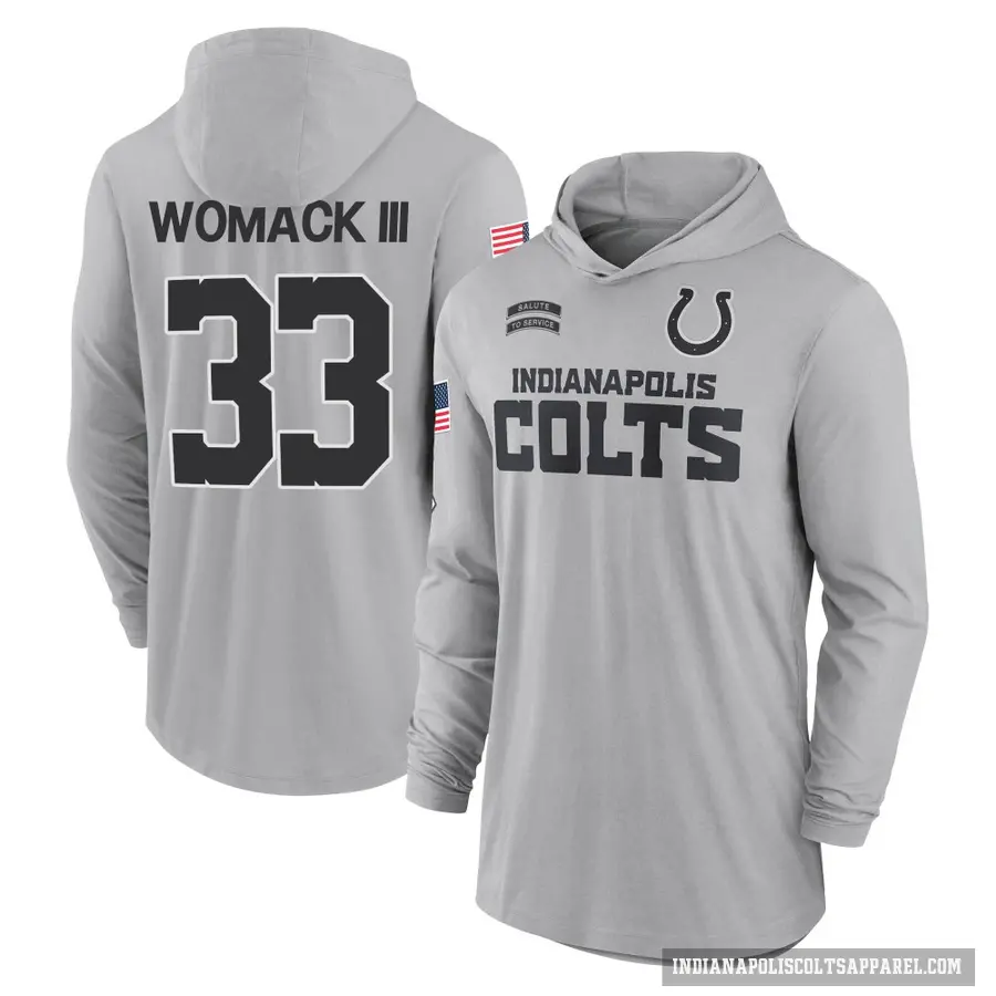 Men's ＃33 Samuel Womack III Indianapolis Colts Gray 2024 Salute to Service Lightweight Performance Long Sleeve Hooded T-Shirt