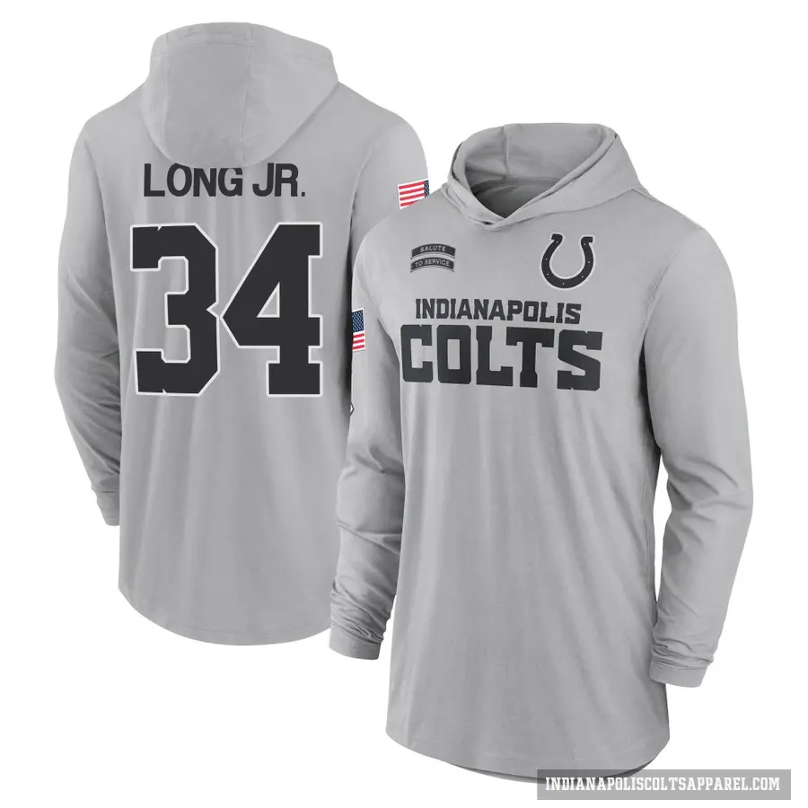 Men's ＃34 David Long Jr. Indianapolis Colts Gray 2024 Salute to Service Lightweight Performance Long Sleeve Hooded T-Shirt