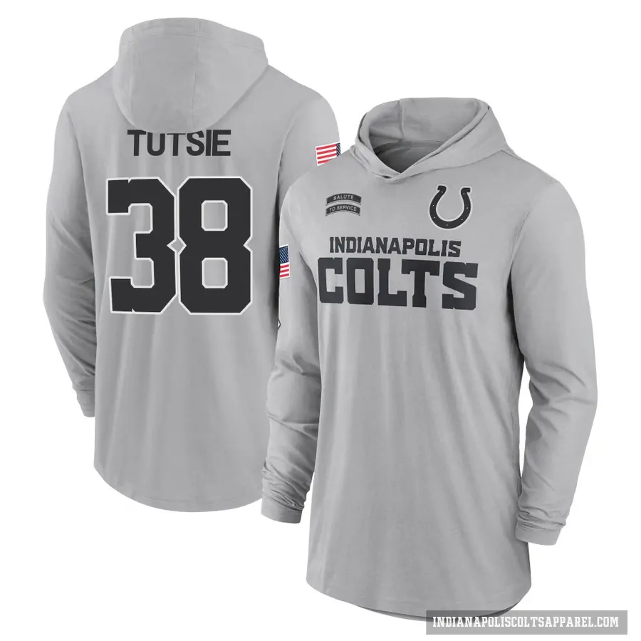 Men's ＃38 Michael Tutsie Indianapolis Colts Gray 2024 Salute to Service Lightweight Performance Long Sleeve Hooded T-Shirt