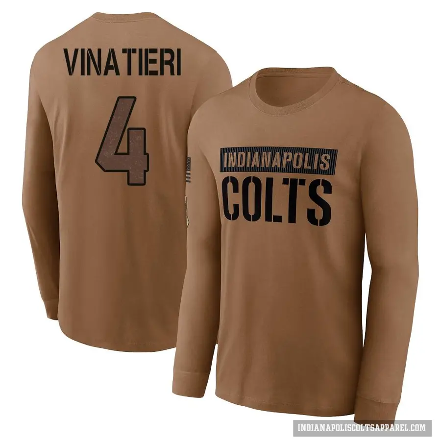 Men's ＃4 Adam Vinatieri Indianapolis Colts Brown 2023 Salute To Service Long Sleeve T-Shirt