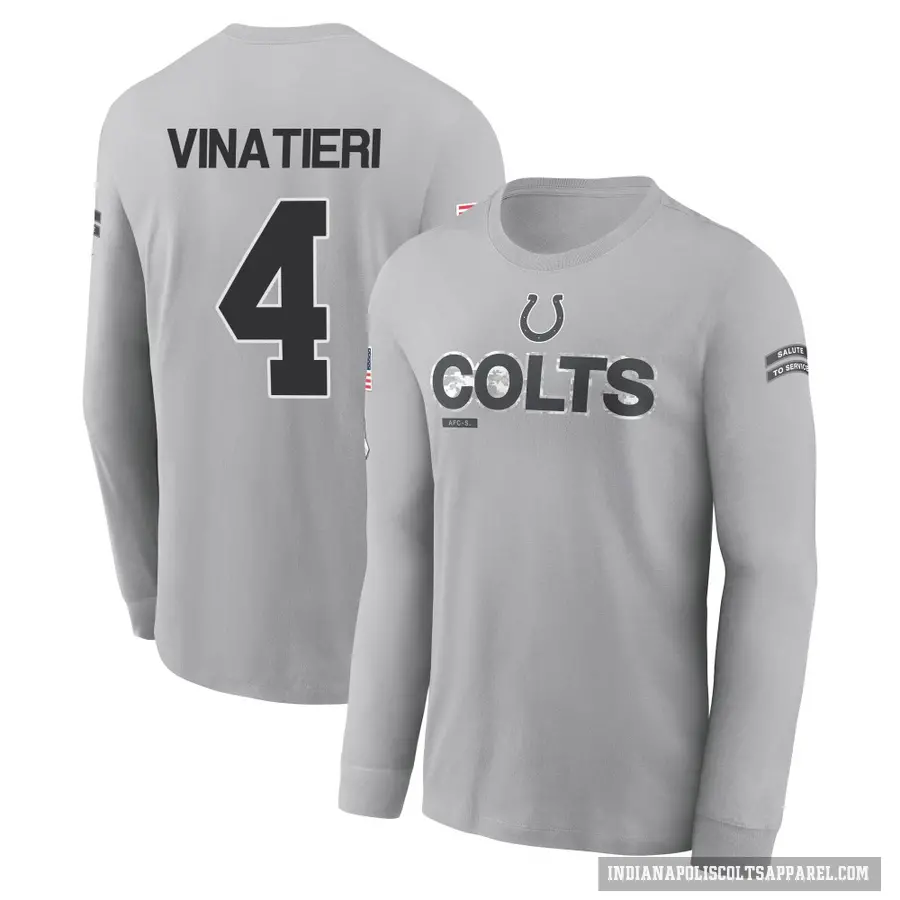 Men's ＃4 Adam Vinatieri Indianapolis Colts Gray 2024 Salute to Service Long Sleeve T-Shirt