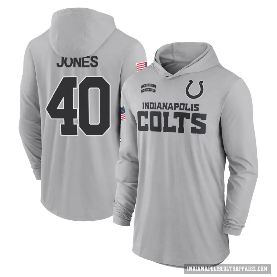 Men's ＃40 Jaylon Jones Indianapolis Colts Gray 2024 Salute to Service Lightweight Performance Long Sleeve Hooded T-Shirt