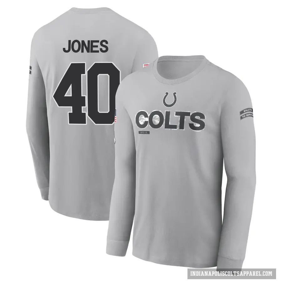 Men's ＃40 Jaylon Jones Indianapolis Colts Gray 2024 Salute to Service Long Sleeve T-Shirt
