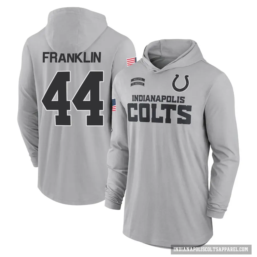 Men's ＃44 Zaire Franklin Indianapolis Colts Gray 2024 Salute to Service Lightweight Performance Long Sleeve Hooded T-Shirt