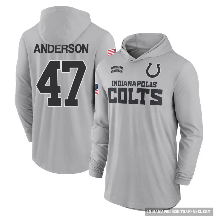 Men's ＃47 Liam Anderson Indianapolis Colts Gray 2024 Salute to Service Lightweight Performance Long Sleeve Hooded T-Shirt