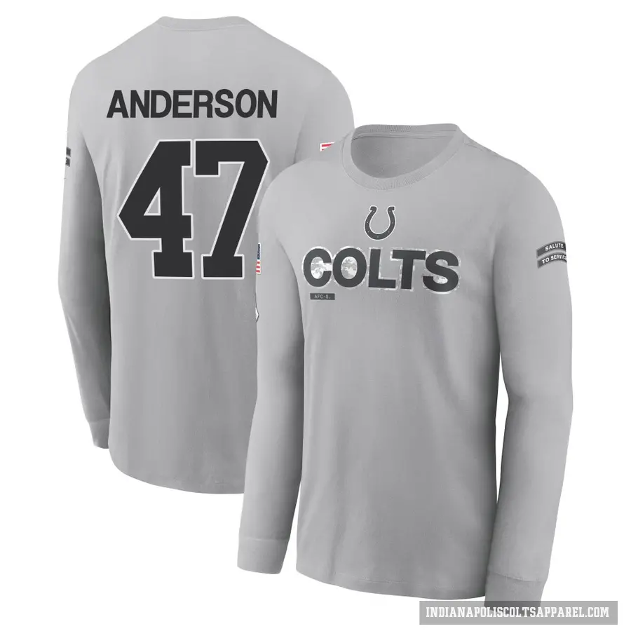 Men's ＃47 Liam Anderson Indianapolis Colts Gray 2024 Salute to Service Long Sleeve T-Shirt
