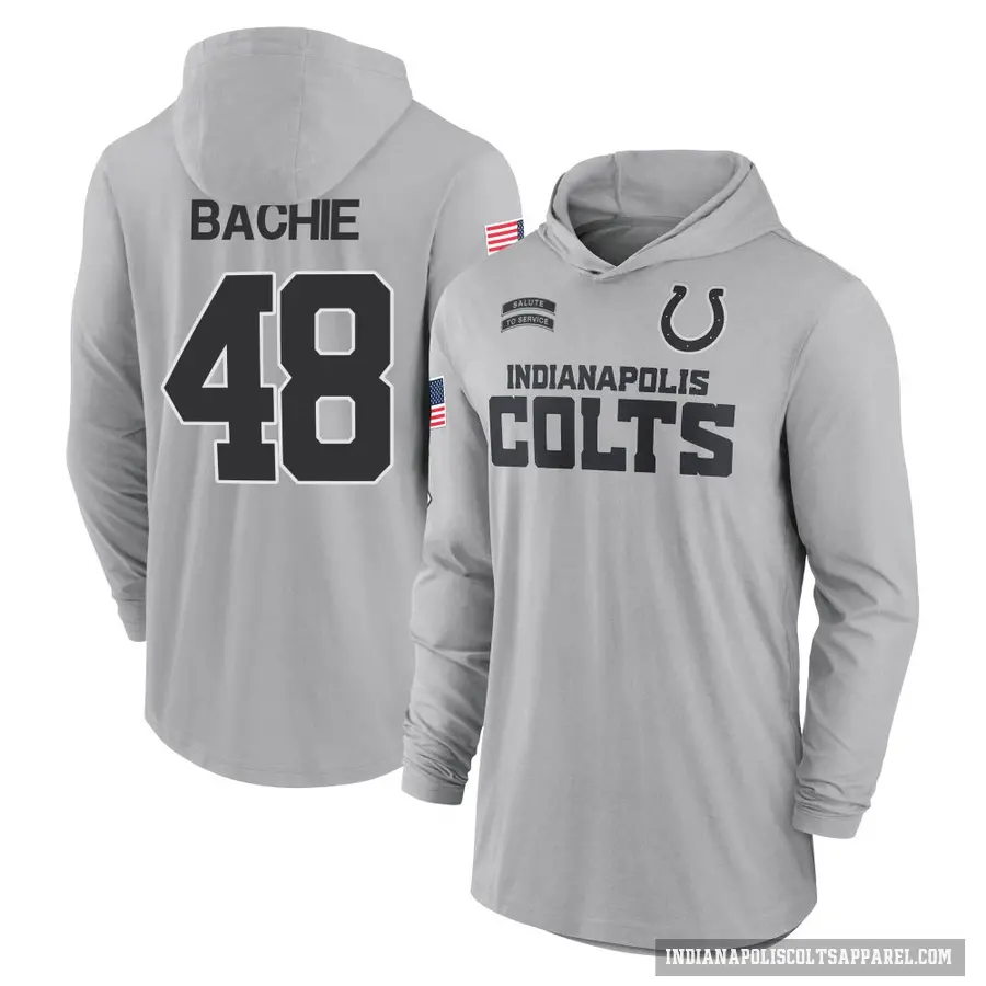 Men's ＃48 Joe Bachie Indianapolis Colts Gray 2024 Salute to Service Lightweight Performance Long Sleeve Hooded T-Shirt