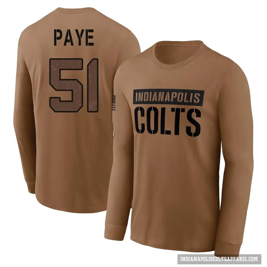 Men's ＃51 Kwity Paye Indianapolis Colts Brown 2023 Salute To Service Long Sleeve T-Shirt