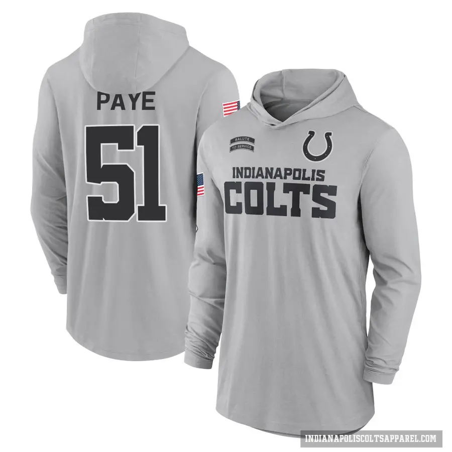 Men's ＃51 Kwity Paye Indianapolis Colts Gray 2024 Salute to Service Lightweight Performance Long Sleeve Hooded T-Shirt
