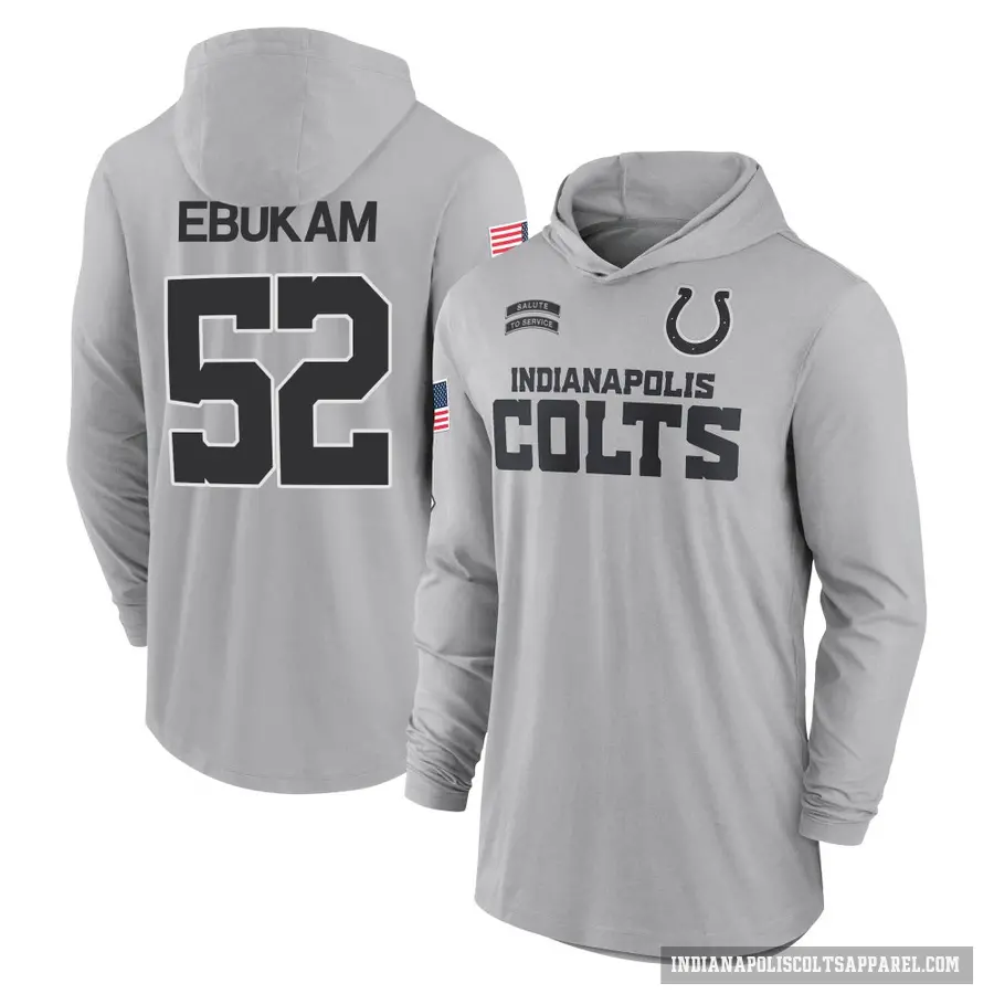 Men's ＃52 Samson Ebukam Indianapolis Colts Gray 2024 Salute to Service Lightweight Performance Long Sleeve Hooded T-Shirt