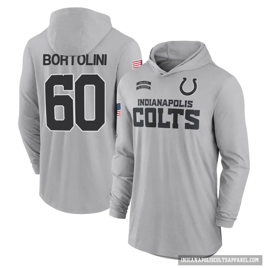 Men's ＃60 Tanor Bortolini Indianapolis Colts Gray 2024 Salute to Service Lightweight Performance Long Sleeve Hooded T-Shirt