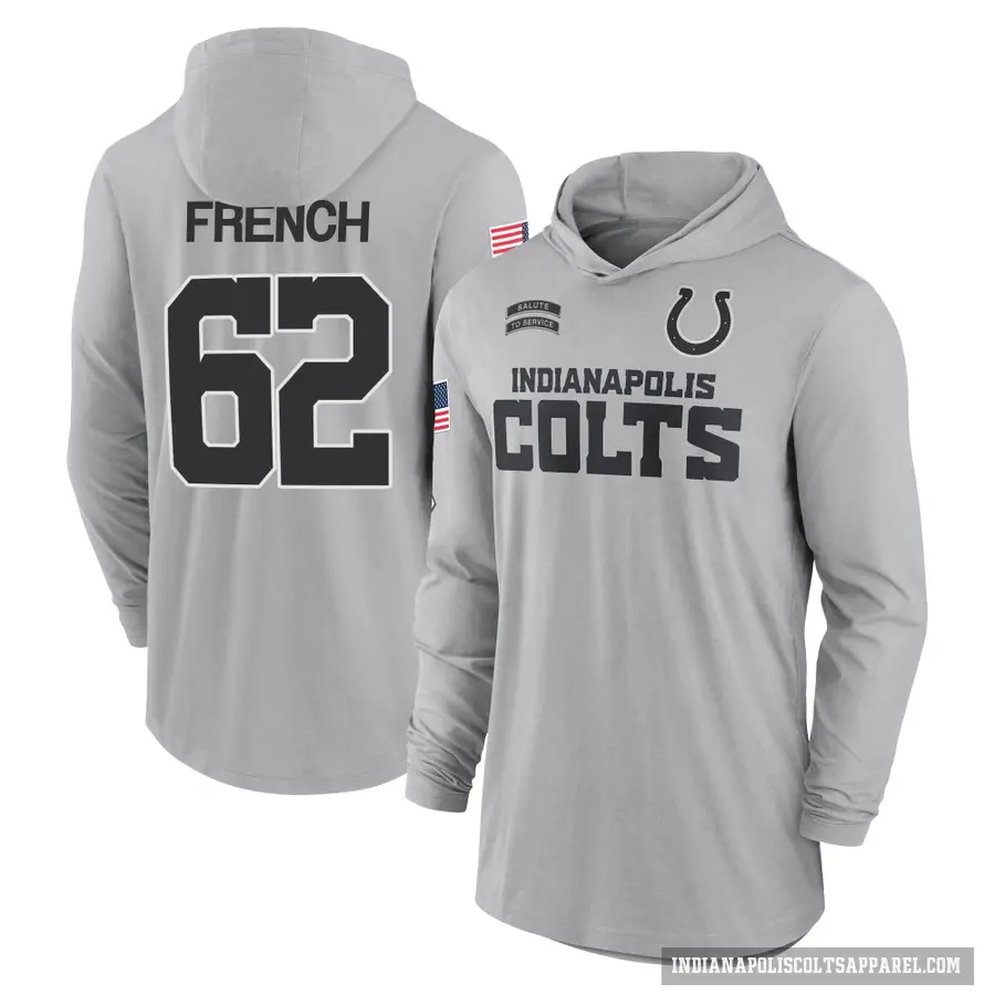 Men's ＃62 Wesley French Indianapolis Colts Gray 2024 Salute to Service Lightweight Performance Long Sleeve Hooded T-Shirt