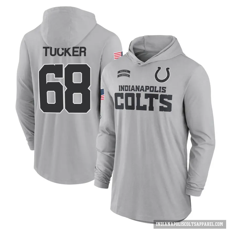 Men's ＃68 Dalton Tucker Indianapolis Colts Gray 2024 Salute to Service Lightweight Performance Long Sleeve Hooded T-Shirt