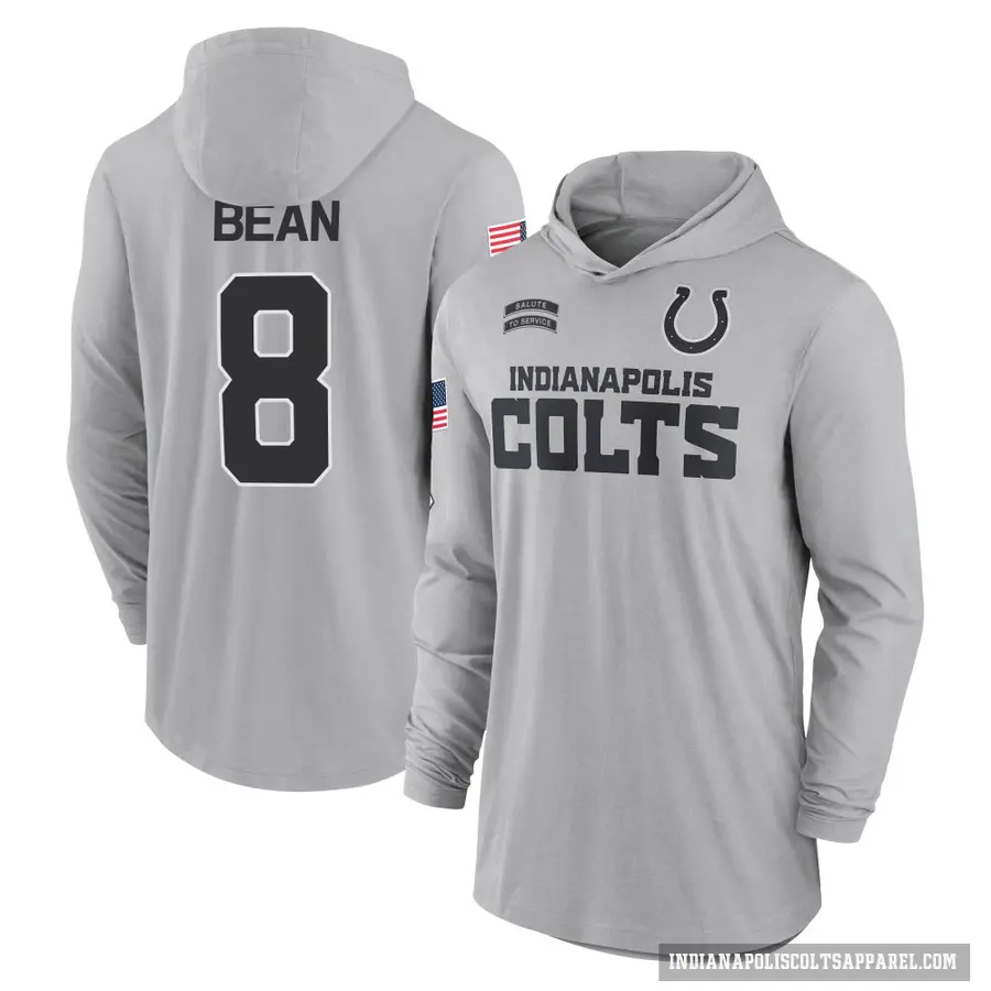Men's ＃8 Jason Bean Indianapolis Colts Gray 2024 Salute to Service Lightweight Performance Long Sleeve Hooded T-Shirt
