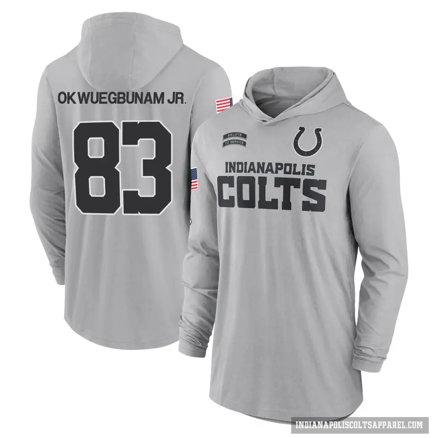 Men's ＃83 Albert Okwuegbunam Jr. Indianapolis Colts Gray 2024 Salute to Service Lightweight Performance Long Sleeve Hooded T-Shi