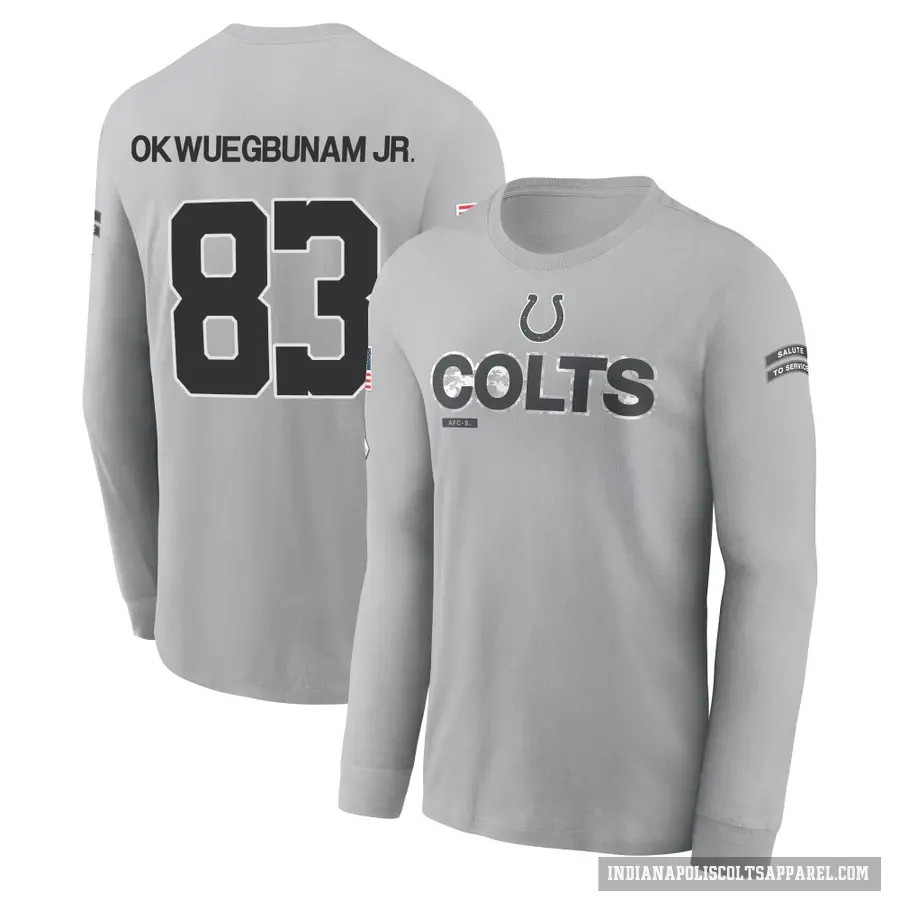 Men's ＃83 Albert Okwuegbunam Jr. Indianapolis Colts Gray 2024 Salute to Service Long Sleeve T-Shirt