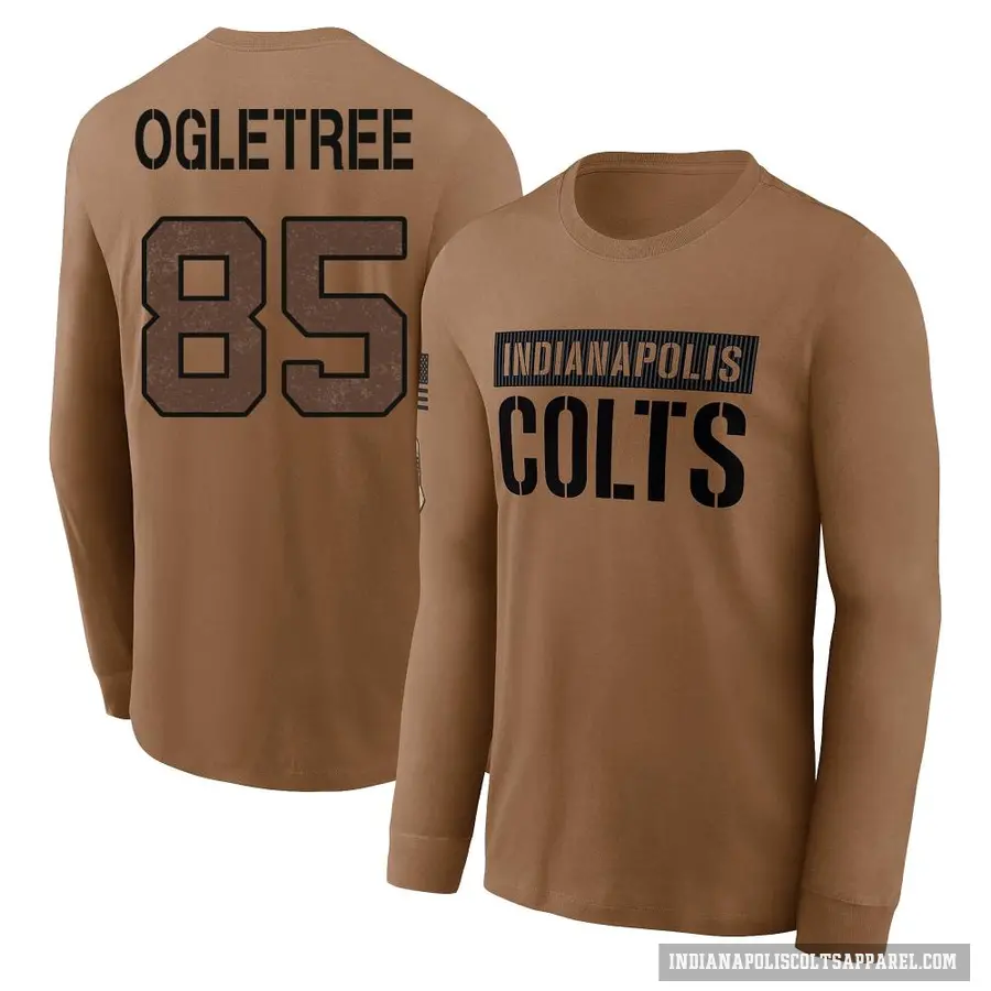 Men's ＃85 Drew Ogletree Indianapolis Colts Brown 2023 Salute To Service Long Sleeve T-Shirt