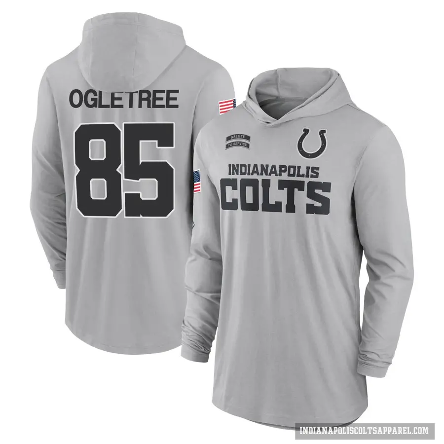 Men's ＃85 Drew Ogletree Indianapolis Colts Gray 2024 Salute to Service Lightweight Performance Long Sleeve Hooded T-Shirt