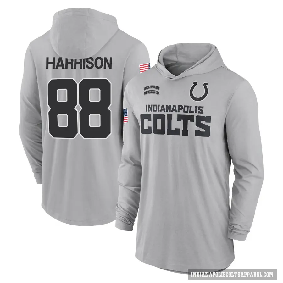 Men's ＃88 Marvin Harrison Indianapolis Colts Gray 2024 Salute to Service Lightweight Performance Long Sleeve Hooded T-Shirt