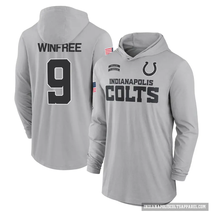 Men's ＃9 Juwann Winfree Indianapolis Colts Gray 2024 Salute to Service Lightweight Performance Long Sleeve Hooded T-Shirt