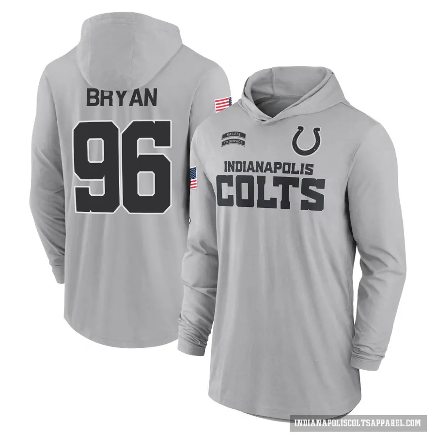 Men's ＃96 Taven Bryan Indianapolis Colts Gray 2024 Salute to Service Lightweight Performance Long Sleeve Hooded T-Shirt