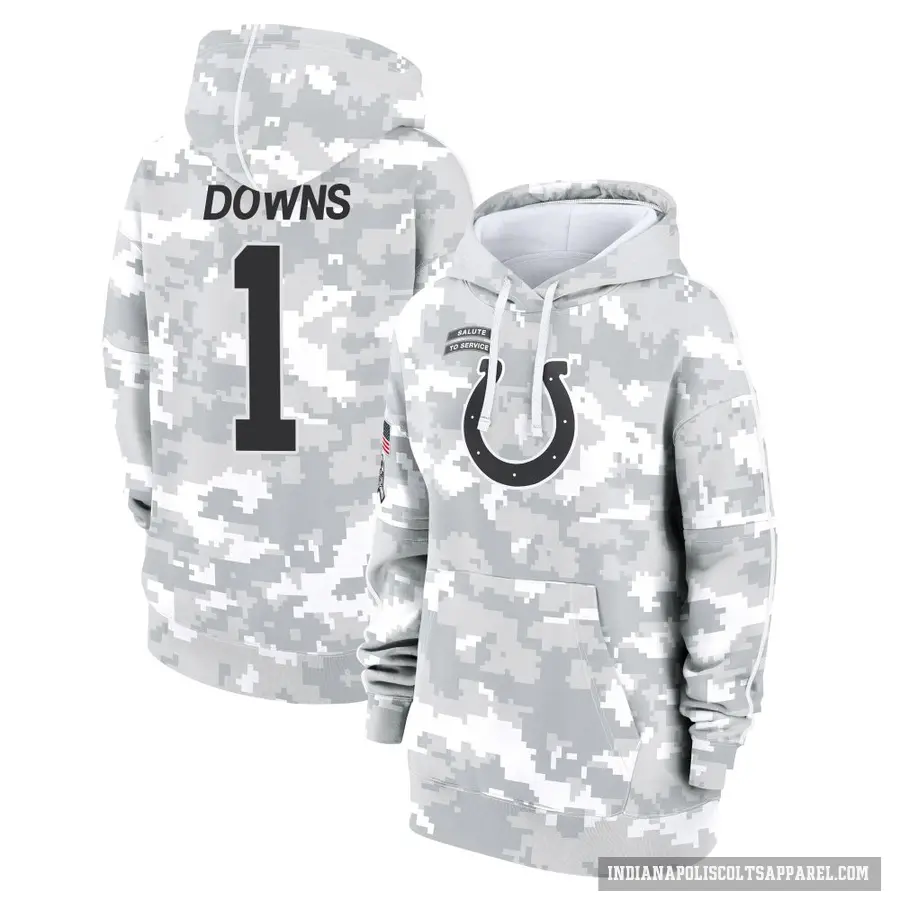 Women's ＃1 Josh Downs Indianapolis Colts Arctic Camo 2024 Salute to Service Club Fleece Pullover Hoodie