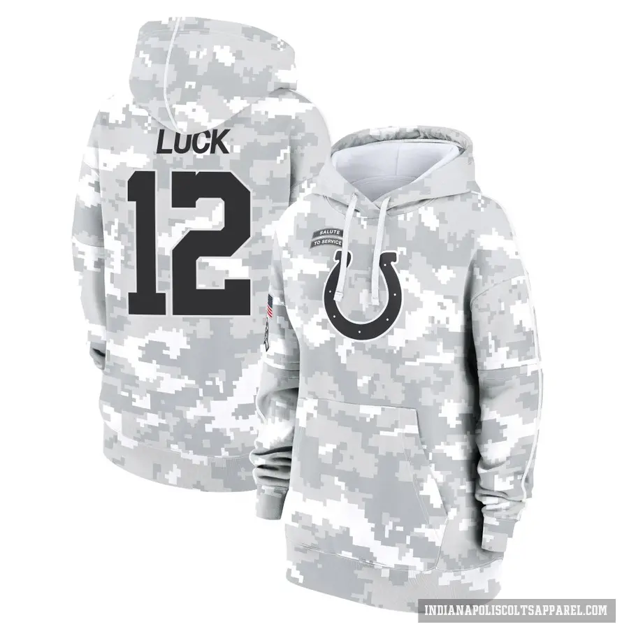 Women's ＃12 Andrew Luck Indianapolis Colts Arctic Camo 2024 Salute to Service Club Fleece Pullover Hoodie