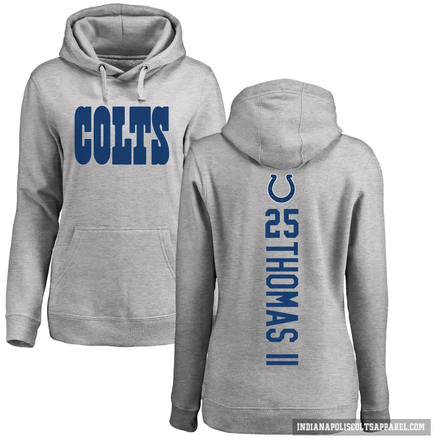 Women's ＃25 Rodney Thomas II Indianapolis Colts Pro Line Ash Backer Pullover Hoodie