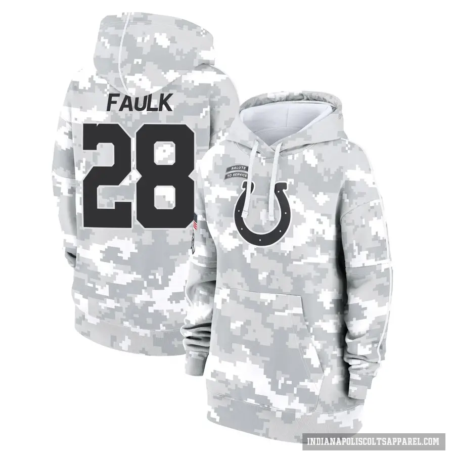 Women's ＃28 Marshall Faulk Indianapolis Colts Arctic Camo 2024 Salute to Service Club Fleece Pullover Hoodie