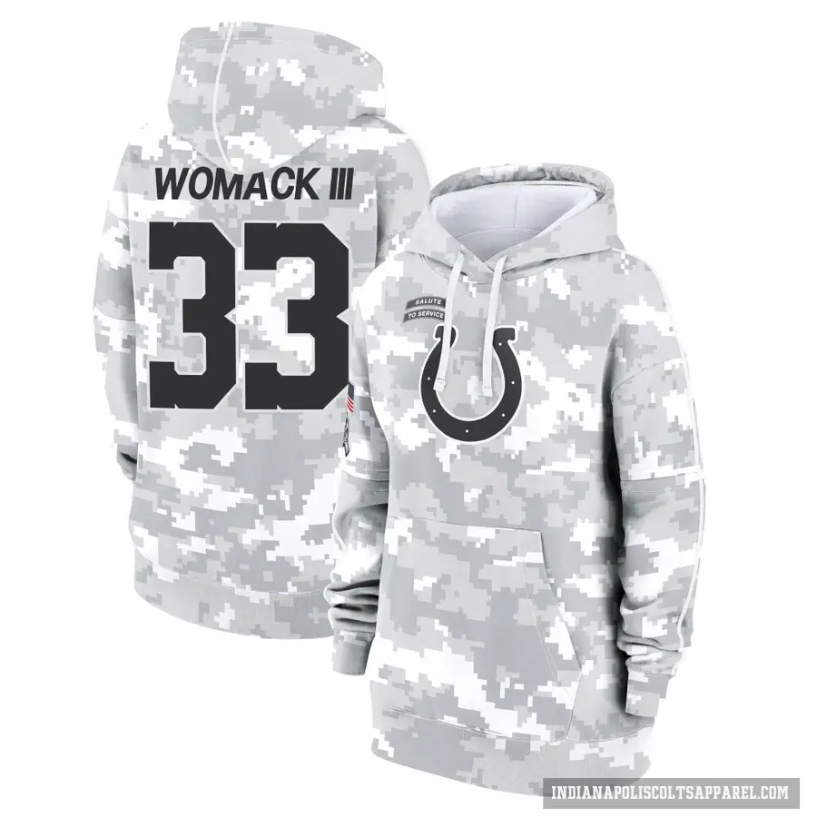 Women's ＃33 Samuel Womack III Indianapolis Colts Arctic Camo 2024 Salute to Service Club Fleece Pullover Hoodie