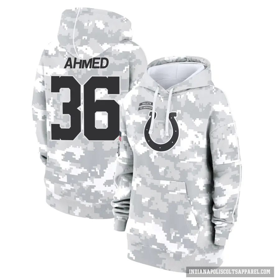 Women's ＃36 Salvon Ahmed Indianapolis Colts Arctic Camo 2024 Salute to Service Club Fleece Pullover Hoodie