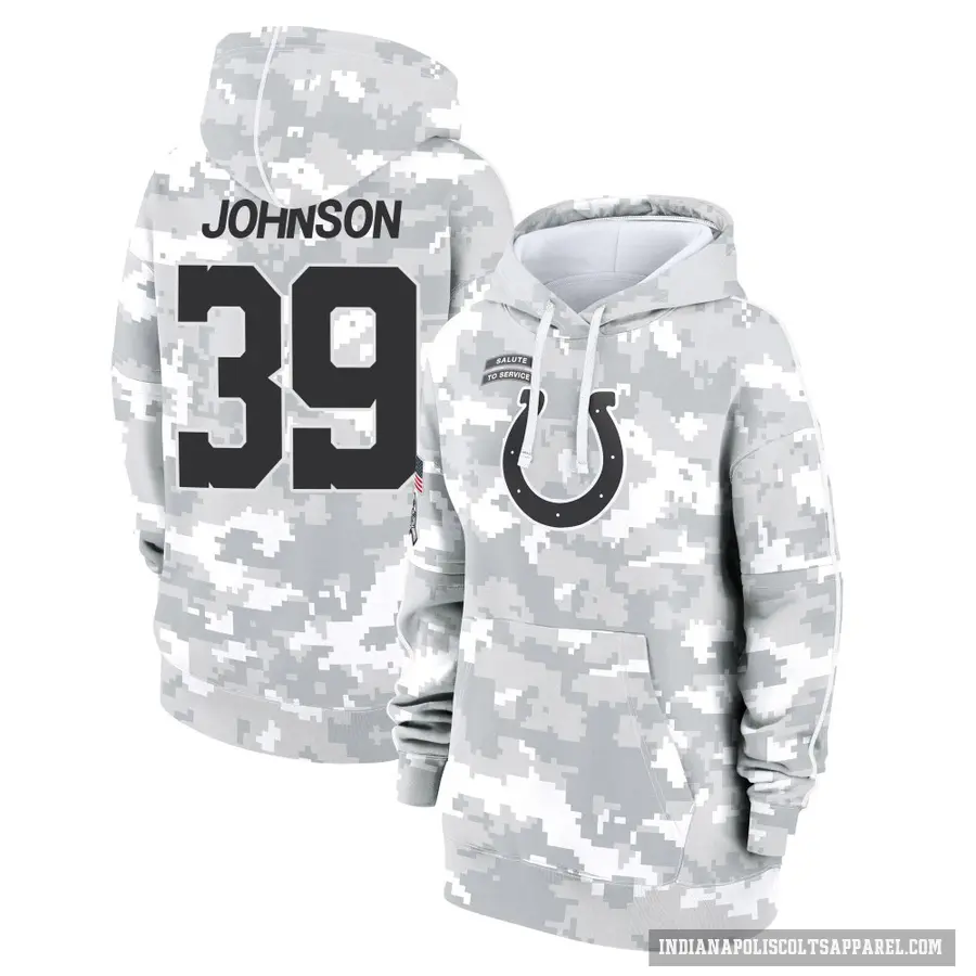 Women's ＃39 Alex Johnson Indianapolis Colts Arctic Camo 2024 Salute to Service Club Fleece Pullover Hoodie