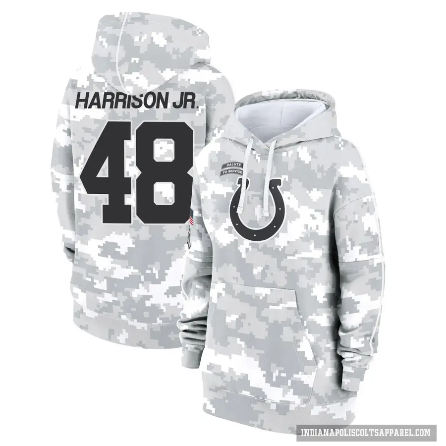 Women's ＃48 Ronnie Harrison Jr. Indianapolis Colts Arctic Camo 2024 Salute to Service Club Fleece Pullover Hoodie