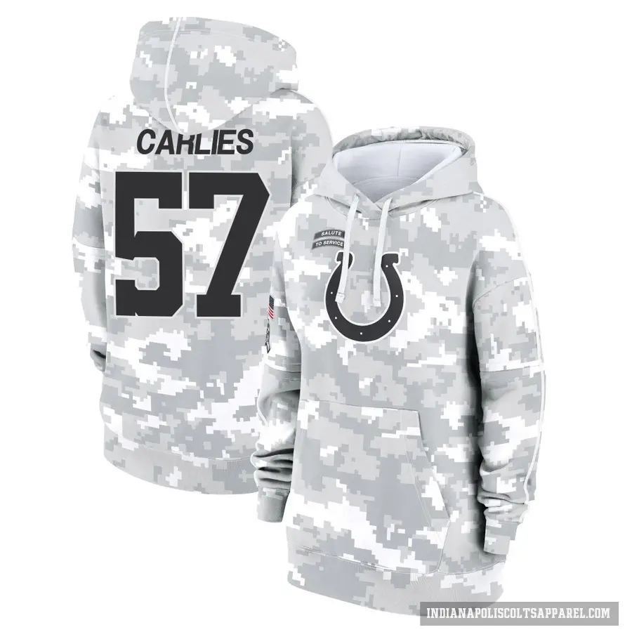 Women's ＃57 Jaylon Carlies Indianapolis Colts Arctic Camo 2024 Salute to Service Club Fleece Pullover Hoodie