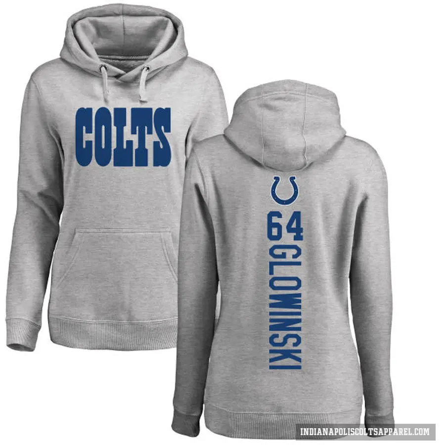 Women's ＃64 Mark Glowinski Indianapolis Colts Pro Line Ash Backer Pullover Hoodie