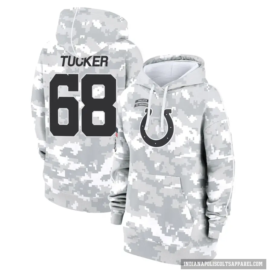 Women's ＃68 Dalton Tucker Indianapolis Colts Arctic Camo 2024 Salute to Service Club Fleece Pullover Hoodie